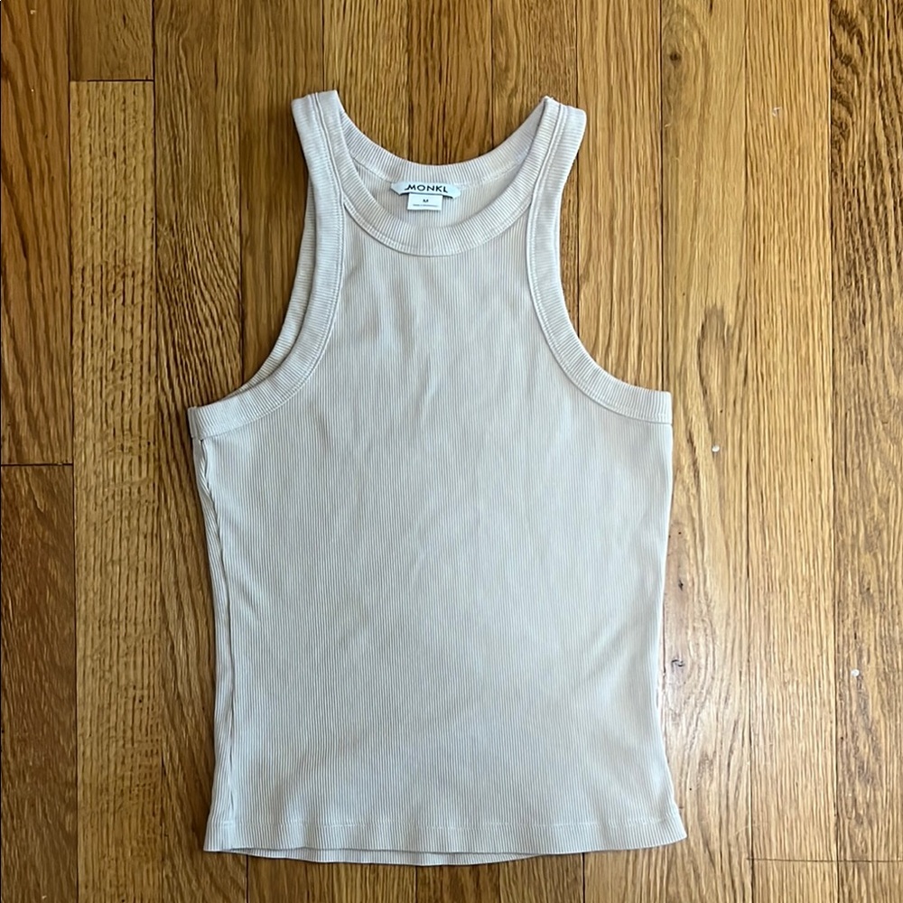Monki Ribbed Racer Tank Top in beige